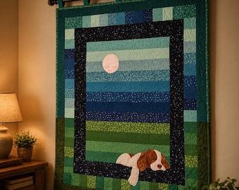 Moonlit Dreams 1852 Quilt Pattern, Sleeping Puppy Under Moon, Night Sky Patchwork Baby Quilt