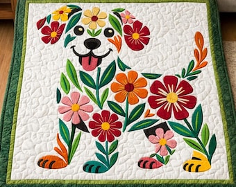Floral Puppy Quilt Pattern 03291L, Whimsical Dog Wall Art, Spring Garden Applique Quilt