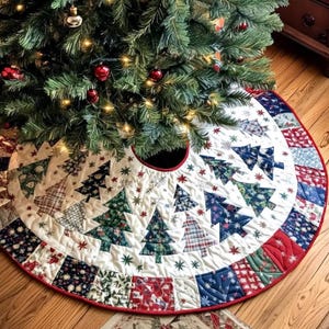 May include: A circular quilted Christmas tree skirt featuring a white background with a repeating pattern of various fabric-pieced evergreen trees in shades of green, blue, and red plaid, finished with a red fabric border and small star accents.