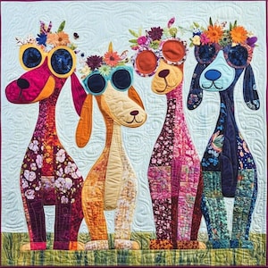 May include: A colorful quilt featuring four stylized dogs wearing sunglasses and flower crowns. The dogs are made from patterned fabric in shades of pink, orange, and blue. The background is light blue with a green border.