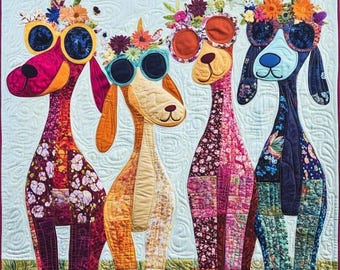 Boho Dog Appliqué Quilt Pattern 1566, Floral Sunglasses Pups Wall Hanging (30x30 inches)
