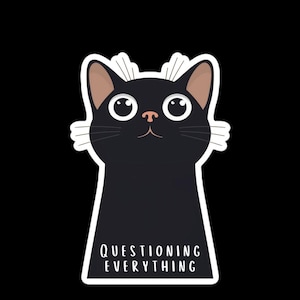 Vinilo decorativo de gato en crisis existencial: "Cuestionándolo todo".