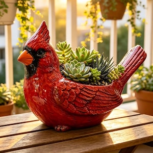 May include: A vibrant red ceramic cardinal bird planter filled with various green succulents. The bird has a detailed design with a black face and orange beak. The planter sits on a wooden table, with a blurred background of a porch and plants.