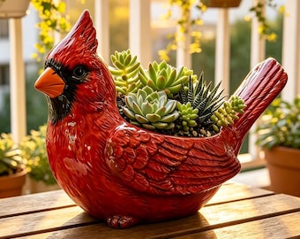 Maceta para suculentas con forma de cardenal, maceta decorativa de resina roja con forma de cardenal para plantas de interior y exterior.