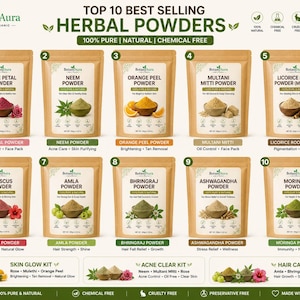 Puede incluir: Una exhibición de diez polvos herbales en bolsas marrones, incluyendo Rosa Petal, Neem, Cáscara de Naranja, Multani Mitti, Raíz de Regaliz, Hibisco, Amla, Bhringraj, Ashwagandha y Moringa. El texto dice "Top 10 Polvos Herbales Más Vendidos".