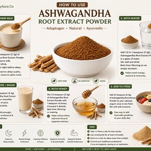 May include: Informational graphic showing how to use Ashwagandha Root Extract Powder. Includes instructions for mixing with warm milk, water, honey, and food. The image also highlights the benefits of the powder, such as reducing stress and improving sleep quality.