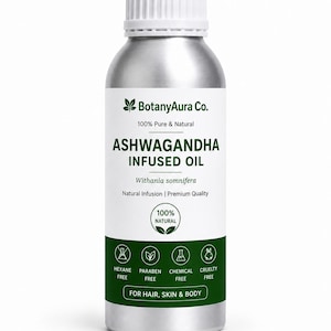 May include: A silver-colored metal bottle with a white screw-top cap. The label reads BotanyAura Co. 100% Pure & Natural ASHWAGANDHA INFUSED OIL Withania somnifera. It features icons for Hexane, Paraben, Chemical, and Cruelty Free for hair, skin & body.