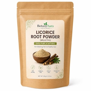 May include: A brown paper bag of licorice root powder. The label reads "Licorice Root Powder (Mulethi)" and "100% Pure & Natural." The bag also features a bowl of powder, licorice sticks, and icons indicating the product is natural, chemical-free, cruelty-free, and preservative-free. Net weight is 3.52 oz.