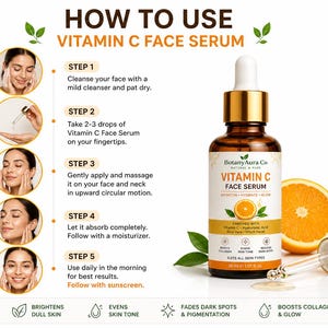 May include: A Vitamin C Face Serum product with a dropper, an orange slice, and a step-by-step guide. The serum bottle is brown with gold accents and the label reads "Vitamin C Face Serum". The guide shows how to use the serum.