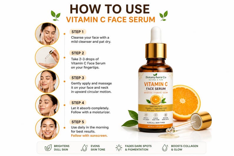 May include: A Vitamin C Face Serum product with a dropper, an orange slice, and a step-by-step guide. The serum bottle is brown with gold accents and the label reads "Vitamin C Face Serum". The guide shows how to use the serum.