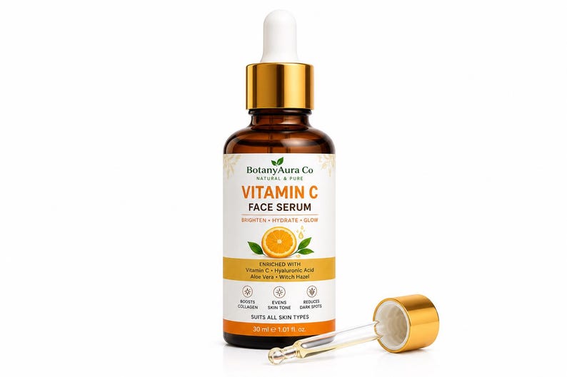 May include: A brown glass bottle of BotanyAura Co Vitamin C Face Serum with a dropper and gold cap. The label includes text and an orange slice graphic. The serum is enriched with Vitamin C, Hyaluronic Acid, Aloe Vera, and Witch Hazel. The bottle contains 30 ml.