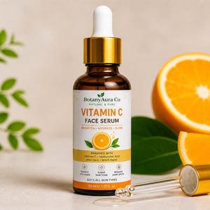 May include: A brown glass bottle of Vitamin C Face Serum with a white dropper and gold accents. The label reads "Botany Aura Co" and "Vitamin C Face Serum". An orange slice and green leaves are in the background. The bottle contains 30 ml / 1.01 fl oz.