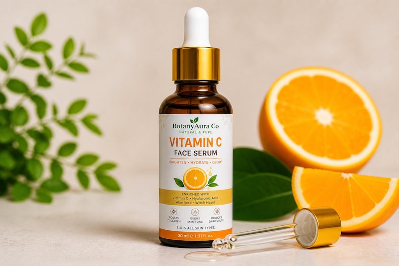 May include: A brown glass bottle of Vitamin C Face Serum with a white dropper and gold accents. The label reads "Botany Aura Co" and "Vitamin C Face Serum". An orange slice and green leaves are in the background. The bottle contains 30 ml / 1.01 fl oz.