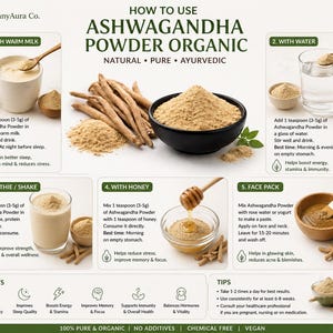 May include: An infographic detailing how to use organic Ashwagandha powder. It shows methods with milk, water, smoothies, honey, and as a face pack. The image also lists the benefits and tips for using the powder.