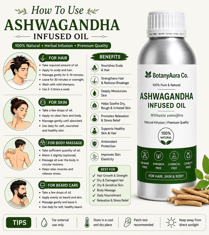 May include: A silver bottle of BotanyAura Co. Ashwagandha Infused Oil with a white cap. The label features green text, a list of benefits for hair, skin, and body, and instructions for use. Beside the bottle are light brown ashwagandha root pieces.