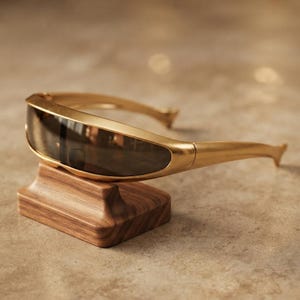 Könnte beinhalten: Eine futuristische Wrap-Around-Sonnenbrille mit einem polierten goldfarbenen Rahmen und einem durchgehenden, dunkel getönten Glas. Die Brille ruht auf einem kleinen, rechteckigen, dunkelbraunen Holzblockständer mit glatter Oberfläche.