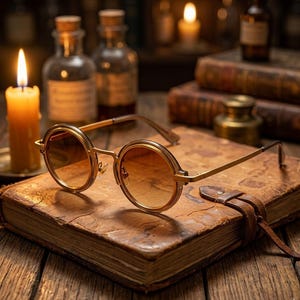 Óculos de Sol Redondos Vintage para Homens e Mulheres | Armação Retrô Steampunk em Metal Dourado | Lentes Coloridas Pequenas e Circulares | Presente Ideal para Festivais e Estilo Boho
