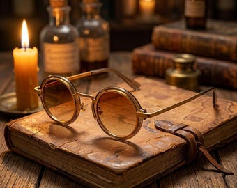 Gafas de sol redondas vintage para hombre y mujer / Montura retro steampunk de metal dorado / Lentes pequeñas de círculo tintado / Regalo ideal para festivales y eventos bohemios