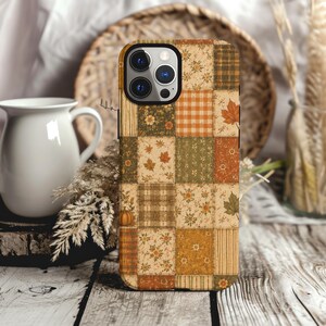 Fall Patchwork Phone Case, Vintage Autumn Quilt iPhone Case, Floral Plaid Phone Cover, Cozy Cottage Fall Case, Thanksgiving Gift for Her