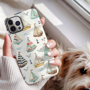 Nautical Sailboat Phone Case, Coastal Beach Phone Cover, Seagull Ocean Case, Lake Life Gift, Sailing Lover Accessory