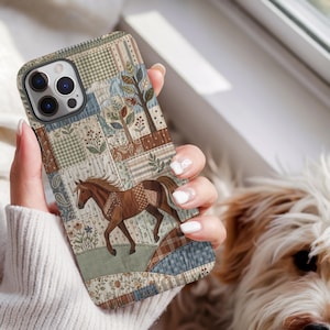 May include: A rectangular smartphone case featuring a patchwork-style design with various patterns including plaid, floral, and paisley in muted tones of green, brown, and cream. A brown horse is illustrated in the center, surrounded by trees and flowers.