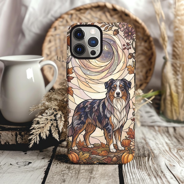 Australian Shepherd Phone Case, Blue Merle Aussie Case, Stained Glass Fall Dog Cover, Celestial Autumn Phone Case, Aussie Gift