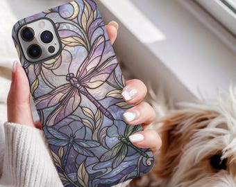 Dragonfly Phone Case, Stained Glass Dragonfly Case, Cottagecore Phone Case, Floral iPhone Case, Nature Lover Gift, Samsung Case
