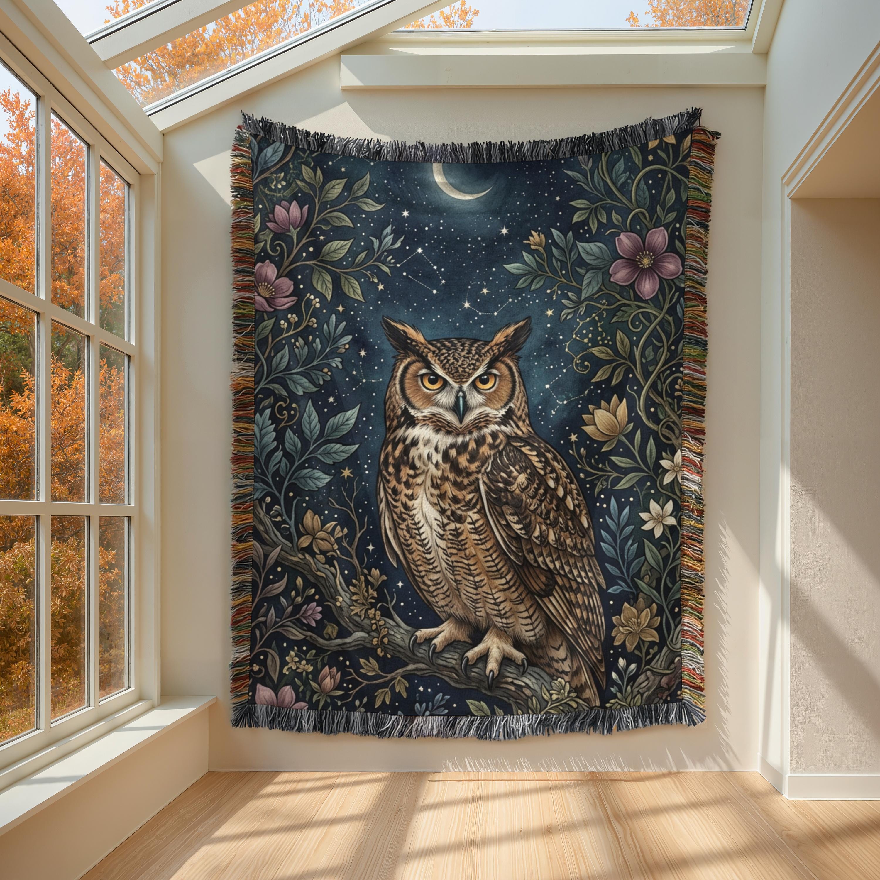 Owl Woven Blanket, Celestial Owl Throw Blanket, Moon and Stars Decor, Woodland Night Blanket, Cottag