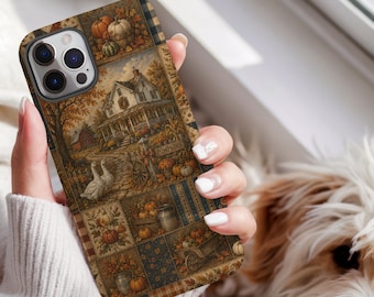 秋の農家風スマホケース、秋の農場風タフケース、ガチョウとカボチャのパッチワークカバー、カントリーコテージ風ケース、彼女への秋の贈り物