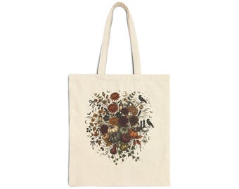 Spooky Fall Canvas Tote Bag, Halloween Pumpkin Floral Tote, Cottagecore Market Bag, Autumn Book Tote, Reusable Grocery Bag