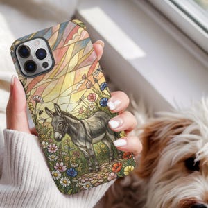 Funda para teléfono con diseño de burro en vidriera, regalo para amantes de los burros, funda floral para iPhone con diseño de burro, funda con diseño de animales de granja estilo cottagecore, funda para teléfono con diseño de flores silvestres