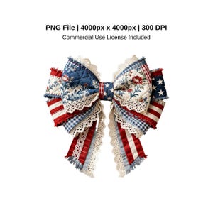 Puede incluir: Un lazo para el cabello patriótico con un diseño de patchwork en telas rojas, blancas y azules. El lazo incluye patrones florales, a rayas y de estrellas, con delicados adornos de encaje. El texto "PNG File | 4000px x 4000px | 300 DPI Commercial Use License Included" es visible.