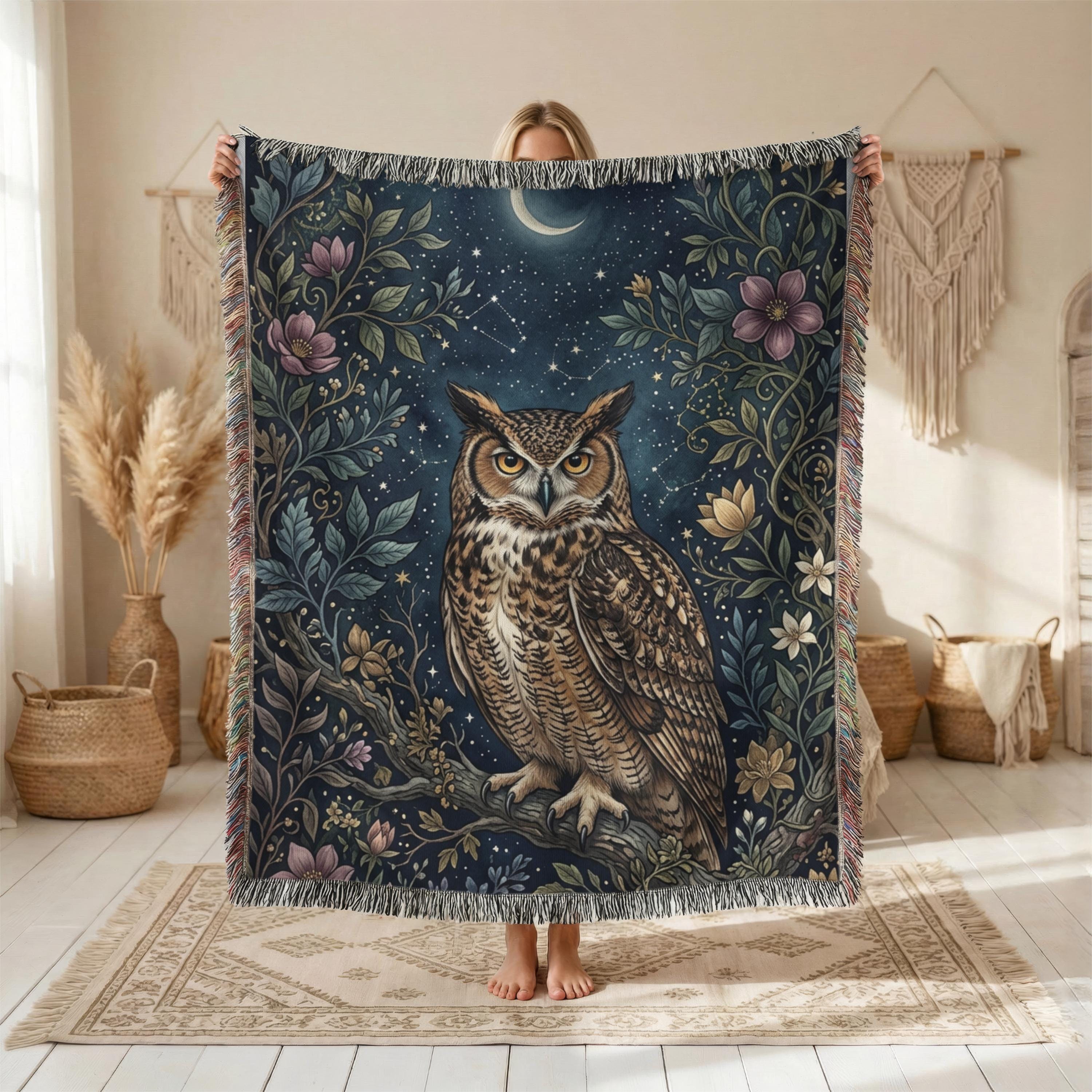 Owl Woven Blanket, Celestial Owl Throw Blanket, Moon and Stars Decor, Woodland Night Blanket, Cottag