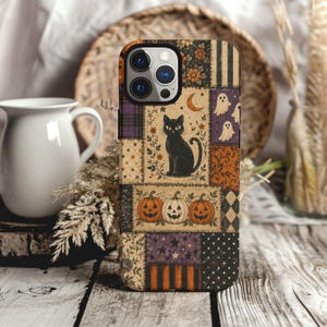 Etui na telefon z motywem czarnego kota w stylu vintage na Halloween, etui z dyniowym duchem, upiorny pokrowiec na kołdrę, wytrzymały futerał na iPhone'a i Samsunga na jesień