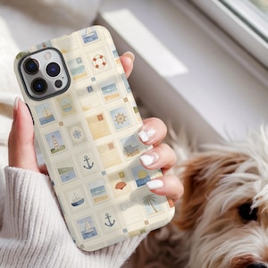 May include: A smartphone case featuring a repeating pattern of vintage-style postage stamps. The stamps display nautical and beach-themed illustrations including lighthouses, sailboats, anchors, life preservers, palm trees, and seashells in soft pastel tones.