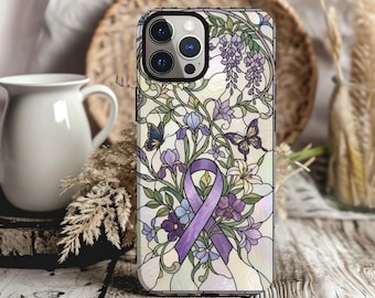 Epilepsy Awareness Phone Case, Purple Ribbon Case, Floral Stained Glass Case, Epilepsy Support Gift, Seizure Awareness Gift