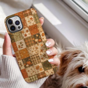 Höstlappskal för telefon, pumpa-quilt-skal för iPhone, höstblommigt Samsungskal, mysigt vintagehöstskal för telefon, Thanksgiving-present till henne
