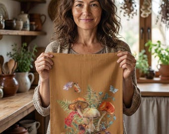 Ściereczka kuchenna z mikrofibry z motywem grzybów i paproci | Cottagecore Woodland Kitchen