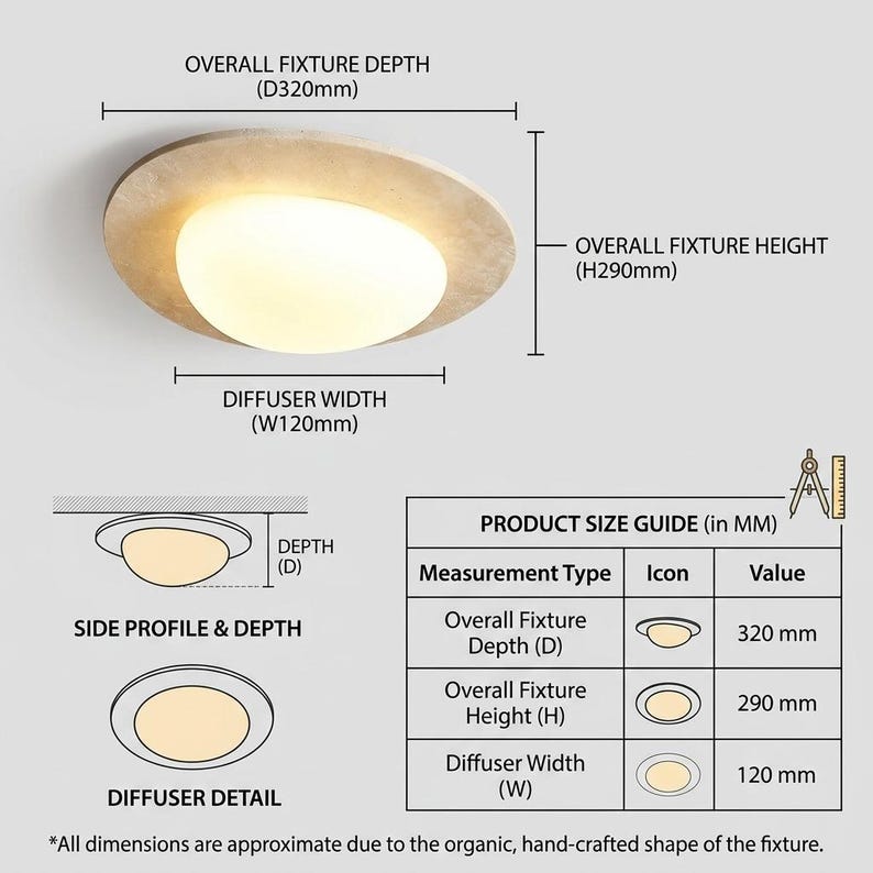May include: A round, cream-colored ceiling light fixture with a white, oval-shaped diffuser. The overall fixture depth is 320 mm, height is 290 mm, and diffuser width is 120 mm. The fixture's dimensions are approximate due to its organic shape.
