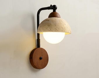 Wabi Sabi Stone Wall Lamp Japanese Travertine LED Sconce Half Circle Warm Ambient Light Home Corridor Bedroom Decor