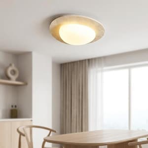 May include: A modern ceiling light fixture with a circular, textured, beige outer ring and a bright, oval-shaped, white light source. The light is mounted on a white ceiling, with a dining table and chairs in the foreground.