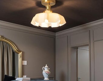 Brass Semi Flush Mount Ceiling Light Frosted Glass Shade Vintage Gold Fixture Wedding Housewarming Gift Spring Decor
