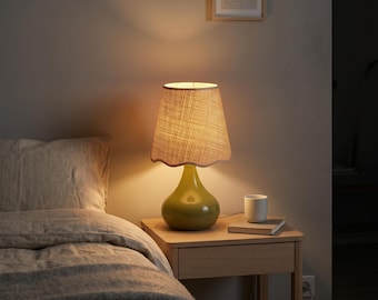 Green Boho Table Lamp Scalloped Rattan Shade Small Bedside Lamp Bedroom Living Room Decor Cute Minimal Table Light
