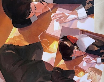 May include: Art prints featuring a manga-style illustration of a person wearing a white shirt and black jacket, listening to music with earbuds. The prints are on a wooden surface, with a red bow in the hair.