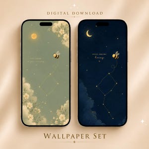May include: Two smartphones displaying digital wallpaper designs. The left screen features a sage green background with a moon, flowers, a bee, and the text 'YOU GROW IN YOUR OWN WAY'. The right screen shows a dark blue night sky with a crescent moon, a bee, and the text 'SWEET DREAMS, honey'.