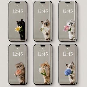 May include: Six smartphones arranged in two rows, each displaying a lock screen with a digital clock reading 12:45 and the date Sunday, July 13. Each screen features a different cat holding a unique flower, including yellow, white, pink, and blue.