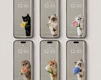 Niedliches Katzen-Wallpaper-Set | 6 Handy-Wallpaper mit Kätzchenmotiven | Florales Design für den Sperrbildschirm | iPhone-Wallpaper zum digitalen Download