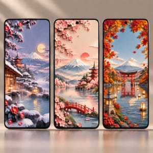以下が含まれることがあります： 富士山を描いた季節ごとの風景を表示する3台のスマートフォン。左の画面は雪景色の冬と五重塔、中央の画面は桜と赤い橋の春の風景、右の画面は紅葉と赤い鳥居の秋の風景がそれぞれ表示されています。