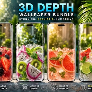 May include: Four smartphones displaying 3D depth wallpapers of fruit-infused drinks with ice cubes and mint leaves. The text reads 3D DEPTH WALLPAPER BUNDLE STUNNING. REALISTIC. IMMERSIVE. along with icons for 3D depth, ultra HD quality, and screen transformation.