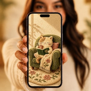 May include: A smartphone displaying a digital illustration of a cream-colored cat with brown spots sitting in a green armchair, reading a green book while holding a small mug. A beige floral rug with pink flowers sits beneath the chair.